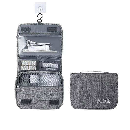 Large capacity gray hanging toiletry bag organizer shown open with hook and multiple compartments including clear PVC pocket and wet dry separation, with closed view beside it on white background