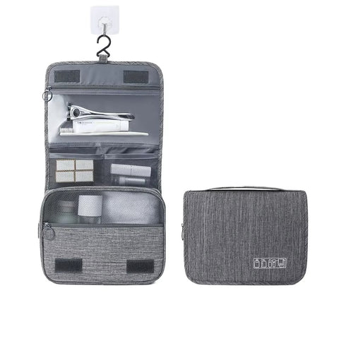 Large capacity gray hanging toiletry bag organizer shown open with hook and multiple compartments including clear PVC pocket and wet dry separation, with closed view beside it on white background