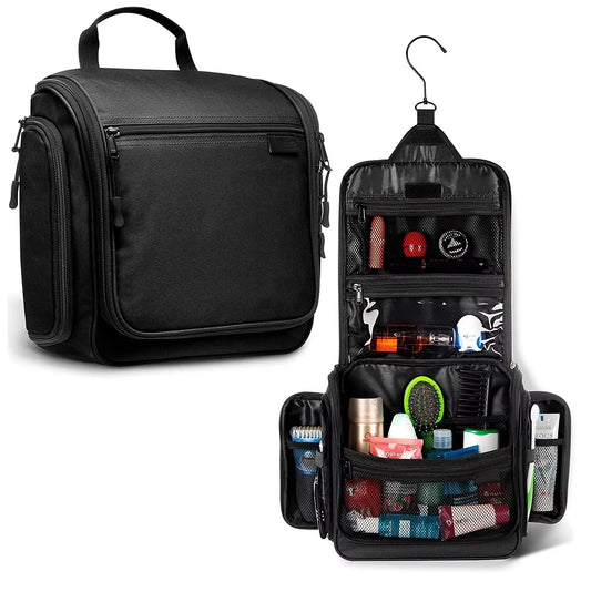 Premium Large Hanging Travel Toiletry Bag Black - Wet and Dry Organizer with Metal Zipper for Men and Women, shown closed and open with toiletries