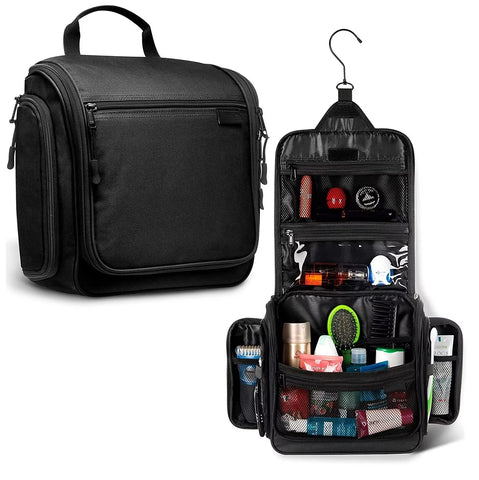 Premium Large Hanging Travel Toiletry Bag Black - Wet and Dry Organizer with Metal Zipper for Men and Women, shown closed and open with toiletries