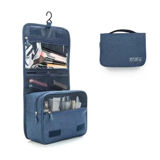 Welare Hanging Toiletry Bag Organizer in Navy Blue shown open with hook and multiple compartments for travel makeup and cosmetics